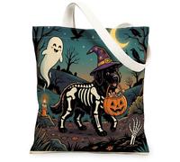 Halloween Newfoundland Dog Canvas Tote Bag for Shopping 13x15, Horror Puppy Graveyard Reusable Grocery Print Pattern Bag for Women, Spooky Scary Aesthetic Painting Gift Decor