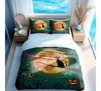 Halloween Night Black Cat Starry Sky Duvet Cover Set, 3pcs Bedding Set for Kids Bedroom Decor, Ultra Soft & Breathable (04,Single + 80 x 80cm x2)