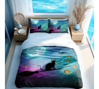 Halloween Night Black Cat Starry Sky Duvet Cover Set, 3pcs Bedding Set for Kids Bedroom Decor, Ultra Soft & Breathable (06,Double + 80 x 80cm x2)