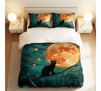 Halloween Night Black Cat Starry Sky Duvet Cover Set, 3pcs Bedding Set for Kids Bedroom Decor, Ultra Soft & Breathable (05,Single + 80 x 80cm x2)