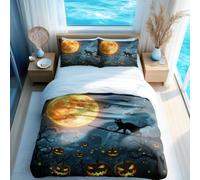 Halloween Night Black Cat Starry Sky Duvet Cover Set, 3pcs Bedding Set for Kids Bedroom Decor, Ultra Soft & Breathable (03,Single + 50 x 75cm x2)