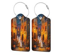 Halloween Night Cute Ghosts Old Town Street Luggage Tag for Suitcase 2 Pack Leather Luggage Tag with Privacy Flap Name Id Label and Metal Loop for Women Men Travel