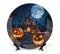 Halloween Night Moon Pumpkins Castle Bone China Decorative Plate with Display Stand, 8inch Porcelain Wall Hanging Plate for Home Office Decor, Elegant Round Ceramic Plates for Home Decor & Gift Idea