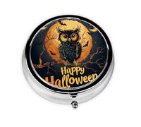 Halloween Night Owl Bat Round Pill Box with 3 Compartments, Mini Metal Pill Organizer for Purse or Pocket, Lightweight Portable for Daily Use Gifts Travel