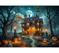 Halloween Night Photography Backdrop 8x6ft - Spooky Haunted Mansion with Glowing Pumpkins, Full Moon, Witch Flying, and Dark Forest for Halloween Party Photo Booth Decoration 337