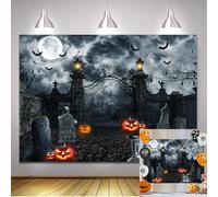 Halloween Night Scene Backdrop Horror Graveyard Full Moon Night Pumpkin Spooky Ghost Photography Background Halloween Party Decorations Photo Banner Props (2.1 x 1.5m)