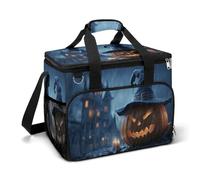 Halloween Night Spooky Pumpkin with Witch Hat Camping Cooler Bag Insulated Beach Coolers Portable Leak Proof Bags with Shoulder Strap