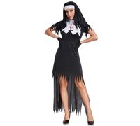 Halloween Nun Costume Cosplay Women Black Fantasy Dress Nun Fancy Dress Costume Novelty Hen Night Outfit with Gold Cross and Black Hood Terror Sister Act Female Fancy Dresses Party Cosplay