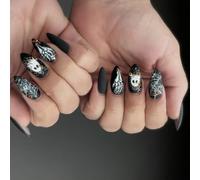 Halloween Nut Persist Hoofs 24Pcs Dull Black Plan Manifestation Skeleton Blossomy Art ABS Artificial Hoofs For Addons Friendly Press On Nail For Halloween