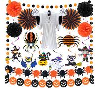 Halloween Office Decorations Indoor Kit - garland, Paper Fans, Bats Pumpkin Banner, Paper Pom Poms, Spider Ghost Hanging Swirl For Halloween Party Decorations Office Home Classroom decor