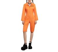 Halloween Orange Prisoner Costume for Women Long Sleeve Prison Jumpsuit Carnival Robber Escaped Convict Criminal Cosplay Jail Uniform (A-Orange, L)