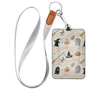 Halloween Orange Pumpkin Witch Leather Badge Holder for Women with Lanyard and 3-Card Capacity id Holder for Staffs Officers Students Doctors Employees