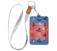 Halloween Orange Pumpkin Witch Leather Name Badge Holder with Lanyard and 3-Card Capacity id Holder for Staffs Officers Students Doctors Employees
