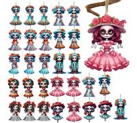 Halloween Ornaments for Tree - 30 Pieces 2D Acrylic Decor,Hangable Day of the Dead Doll Pendant with Rope | for Halloween Tree Holiday Home Bag Car Rear View Mirror Fence Yard Wall