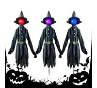 Halloween Outdoor Decorations,3 Light up Witches Holding Hands with Stakes - 59-Inch Decorative Stake with Led Glowing Face Holiday Horror Prop for Garden Lawn Porch