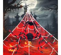 Halloween Outdoor Decorations Spider Web Set, 50"Red Black+ 24''Black Giant Spider 275" Triangular Web 20g Cobwebs 2Mini Fake Spiders for Indoor/Outdoor Scary Haunted House Party Halloween Yard