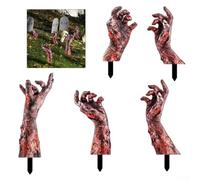 Halloween Outdoor Yard Decorations Set - 5 Bloody Hand Sign Stakes, Waterproof PVC Horror Theme Props For Lawn, Garden, Pathway Or Haunted House Scene Display