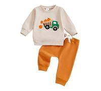 Halloween Outfits for Kids Toddler Boys Pumpkin Pattern Long Sleeve Sweatshirt Tops and Trousers My First Halloween Baby Outfit Autumn Clothes Set (A Tractor of Pumpkins Apricot, 2-3 Years)