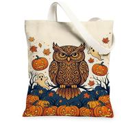 Halloween Owl And Pumpkins Harvest Canvas Tote Bag 13x15 Inch | Ornate Owl Illustration, Smiling Jack-o'-lanterns, Fanciful Ghosts, Autumn Leaves, Harvest Theme, Cozy Fall Atmosphere