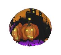 Halloween Owl Ghost Pumpkin Print Premium Double Layer Shower Cap For Women With Reusable Shower Cap For Hair - Waterproof Plastic Cap - Shower Caps For Long, Short And Curly Hairs