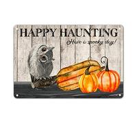 Halloween Owl on Pumpkin Metal Sign Have A Spooky Day Tin Sign Evil Holiday Party Hanging Poster Farmhouse Office Home Wall Art Welcome Seasonal Gift for Friends Family Colleague 8x12in