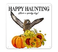 Halloween Owl on Pumpkin Metal Sign Have A Spooky Day Tin Sign Evil Holiday Party Hanging Poster Farmhouse Office Home Wall Art Welcome Seasonal Gift for Friends Family Colleague 12x12in