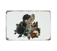 Halloween Owl Skeleton' Flower Floral Metal Tin Sign 12x18 Inch Vintage Gate Garden Shop Room Decor for Men Garage Signs Abstract Rose Horror Wall Art Plaques for Garage