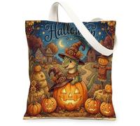 Halloween Pachycephalosaurus Canvas Tote Bag for Shopping 13 * 15, Dinosaur Farm Reusable Grocery Shoulder Bag for Women, Pumpkins Painting Gift Decor