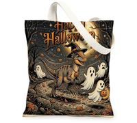 Halloween Pachycephalosaurus Canvas Tote Bag for Shopping 13 * 15, Dinosaur Funny Ghosts Reusable Grocery Shoulder Bag for Women, Fall Painting Gift Decor