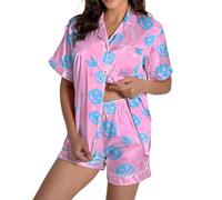 Halloween Pajamas for Women - 2 Piece Pyjamas Set, Ghost Pumpkin Print Short Sleeve Nightwear, Crew Neck Button Down Loungewear, Satin Shirt and Shorts Set, Soft Sleepwear (D-a, S)