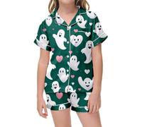 Halloween Pajamas Little Baby Girls Boys Pajamas Set Satin Silk Kids Short Sleeves Sleepwear 2 Piece Button Down Classic Loungewear Shorts,012-Dark Green,6-7 Years