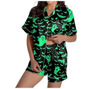 Halloween Pajamas Set for Women Pumpkin Bat Print Short Sleeve Button Down Shirts Shorts Outfit 2 Piece Loose Fit Pyjama Set Comfy Soft Nightwear Loungewear Outfit for Ladies