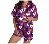 Halloween Pajamas Set for Women Pumpkin Bat Print Short Sleeve Button Down Shirts Shorts Outfit 2 Piece Loose Fit Pyjama Set Comfy Soft Nightwear Loungewear Outfit for Ladies