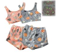 Halloween Pajamas Set Women's Spooky Glow-in-the-Dark Vest Pajamas Set Cute Cozy Flannel Pumpkin & Ghost PJS Shorts(Gray+Orange,S)