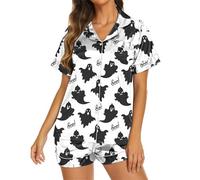 Halloween Pajamas Women Graphic Polyester Fiber Sleepwear Down Short Sleeve Shorts Pajamas Set Little L (Black, XL)