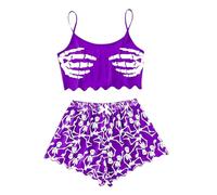 Halloween Pajamas Women Pumpkin Skeleton Print 2 Piece Cami Top and Shorts Spooky Pjs Sets Casual Sleeveless Sleepwear Fall Loungewear Halloween Pajamas Purple M