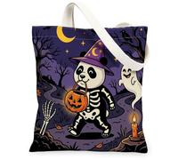 Halloween Panda Canvas Tote Bag for Shopping 13x15, Horror Animal Graveyard Reusable Grocery Print Pattern Bag for Women, Spooky Scary Aesthetic Painting Gift Decor