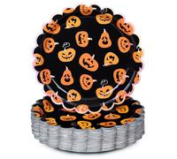 Halloween Paper Plates, 50-Count Disposable Halloween Dinner Plates, Scalloped, Party Supplies, Jack O' Lantern, Iridescent Silver Foil