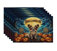 Halloween Papillon Dog Placemats Set of 6, 12x18 Inch, Holiday Graveyard 6Pcs Seasonal Table Mats for Dinning, Pumpkins Holiday Home Kitchen Decor