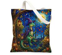 Halloween Parasaurolophus Canvas Tote Bag for Shopping 13 * 15, Dinosaur Forest Reusable Grocery Bag for Women, Witch Travel Pattern Gift Decoration