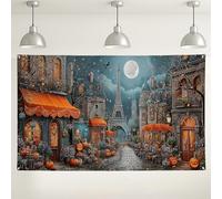 Halloween Paris Street Wall Backdrop, Vintage Pumpkin Cafe Scene Decorations, Spooky Indoor/Outdoor Photography Background for Halloween Party Supplies 71x43 Inch