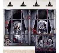 Halloween party backdrop Scary Curtain Background Banner Boy and Girl Horror Theme Party Window Decor Halloween Wall Garage Door Indoor Outdoor Party Photo booth props (8x6FT)
