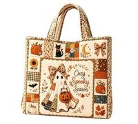 Halloween Party Bags Patchwork Quilted Tote Ghost Pumpkin Haunted House Trick or Treat Print Shoulder Bag Large Reusable Handbag for Halloween Party Sweet Gift Shopping