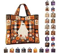 Halloween Party Bags Patchwork Quilted Tote Ghost Pumpkin Haunted House Trick or Treat Print Shoulder Bag Large Reusable Handbag for Halloween Party Sweet Gift Shopping
