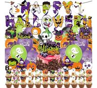 Halloween Party Balloon Decorations Set 63pcs, Spooky Hanging Swirls,Happy Halloween Banner,Wizard Ghost Pumpkin Cake topper Halloweens Decor Kit for Home,Office,School