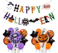 Halloween Party Decoration 21 Pcs Halloween Balloons Kit Happy Halloween Banner Latex Balloons Party Supplies Orange Purple Pumpkin Spider Foil Balloons for Halloween Party