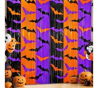 Halloween Party Decorations, 2 Pack Halloween Foil Fringe Curtains 3.3 X 6.6 ft, Orange Purple Black Bat Pattern Halloween Party Backdrop Photo Booth Props Streamers Halloween Birthday Party Supplies