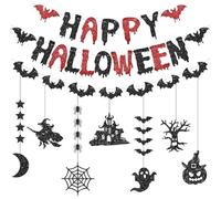 Halloween Party Decorations, Black Glitter HAPPY HALLOWEEN Banner Bat Girland Spiders Web Ghost Pumpkin Bat Hanging Ceiling Decorations for Home Office Wall Party Supplies