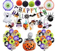 Halloween Party Decorations,Black Orange Purple Lime Green Printed Balloons,Pumpkin Ghost Spider Foil Balloon with Happy Halloween Banner for Party Supplies