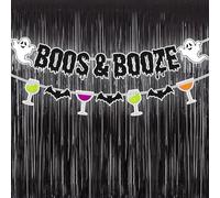 Halloween Party Decorations Boos & Booze Banner Black Foil Curtain Decor Potion Bar Ghost Bat Sign for Halloween Holiday Festival Party Supplies
